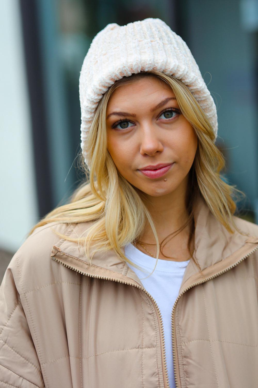 Cream Knit Velvet Chenille Fold Over Beanie-2024 Blow-Out Sale-Evelyns Fashion