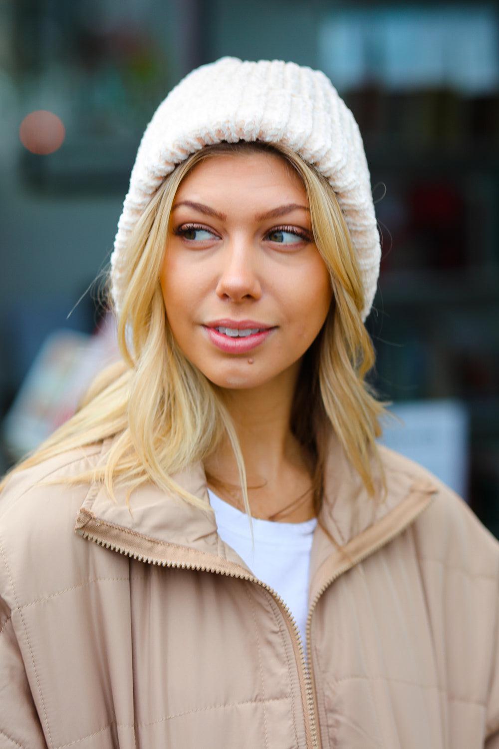 Cream Knit Velvet Chenille Fold Over Beanie-2024 Blow-Out Sale-Evelyns Fashion