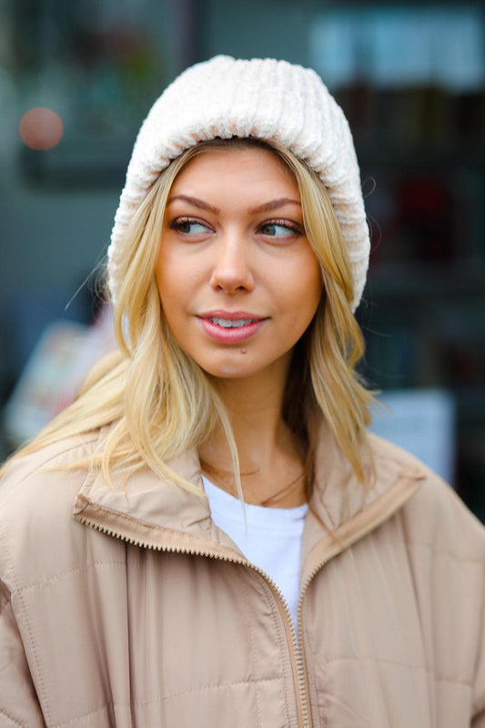 Cream Knit Velvet Chenille Fold Over Beanie-2024 Blow-Out Sale-Evelyns Fashion