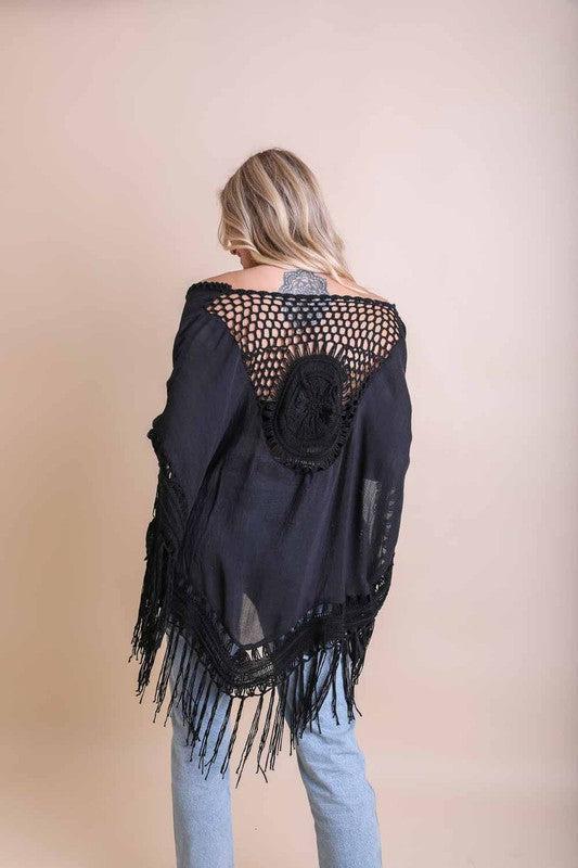 Crochet Medallion Tassel Kimono-Kimonos-Evelyns Fashion