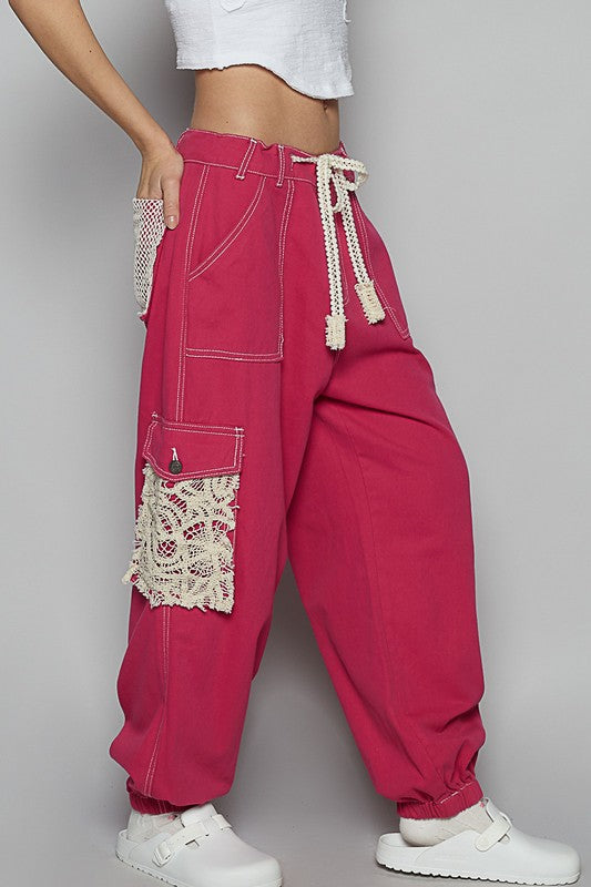 Crochet Overlay Drawstring Pants-pants-Evelyns Fashion