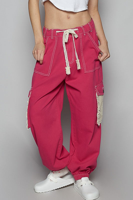 Crochet Overlay Drawstring Pants-pants-Evelyns Fashion