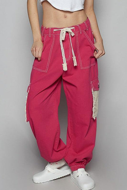 Crochet Overlay Drawstring Pants-pants-Evelyns Fashion