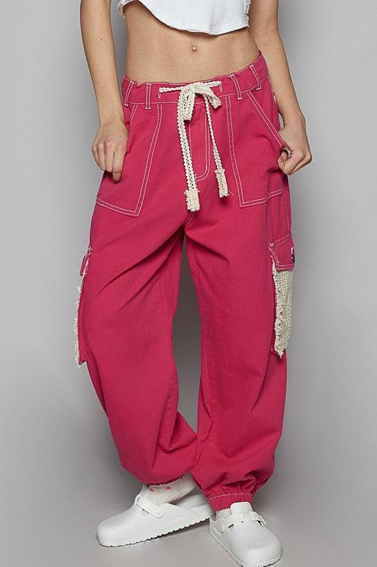Crochet Overlay Drawstring Pants-pants-Evelyns Fashion