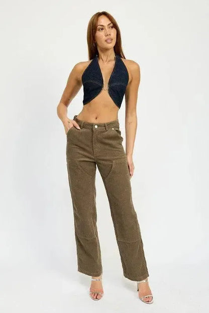 CROPPED HALTER DENIM TOP-Denim-Evelyns Fashion