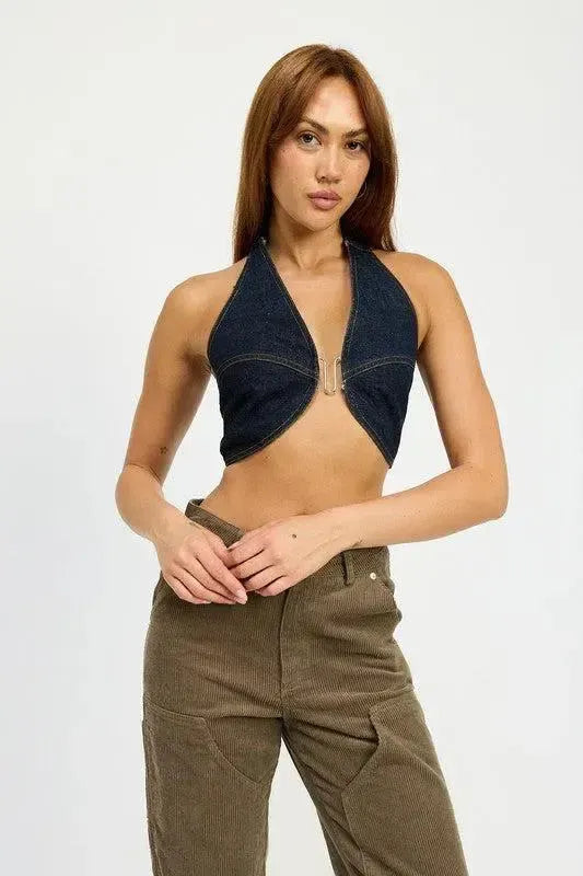 CROPPED HALTER DENIM TOP-Denim-Evelyns Fashion