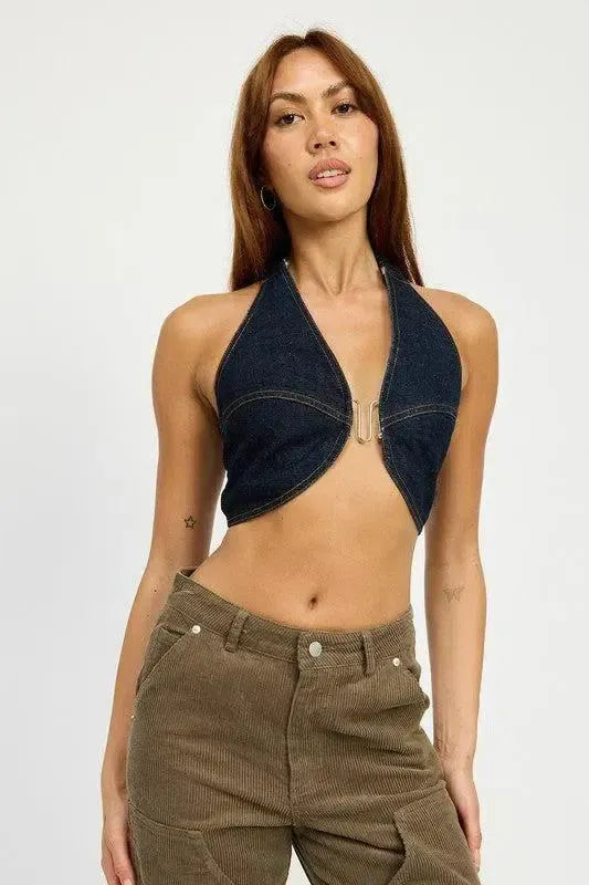 CROPPED HALTER DENIM TOP-Denim-Evelyns Fashion