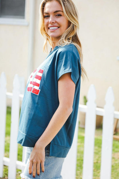 Denim Blue Star Patch Top-Short Sleeve Blouse-Evelyns Fashion