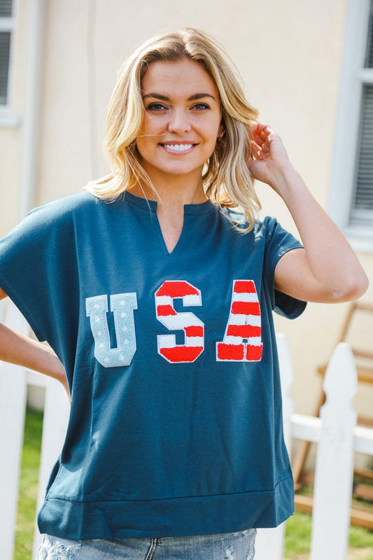 Denim Blue Star Patch Top-Short Sleeve Blouse-Evelyns Fashion