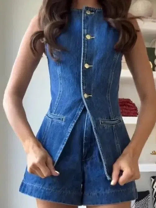 Denim Two Piece Set Skirt-Evelyns Fashion