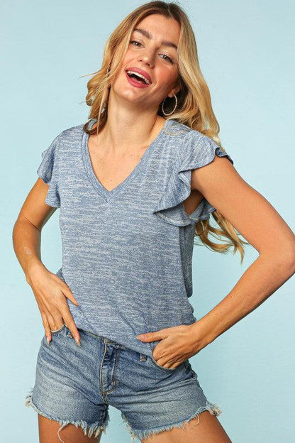 Denim V Neck Top-Short Sleeve Blouse-Evelyns Fashion