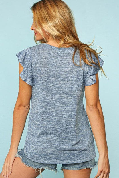 Denim V Neck Top-Short Sleeve Blouse-Evelyns Fashion