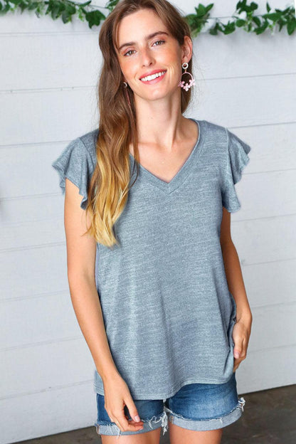 Denim V Neck Top-Short Sleeve Blouse-Evelyns Fashion