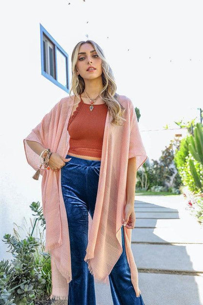 Diamond Embroidered Frayed Edge Kimono-Kimono-Evelyns Fashion