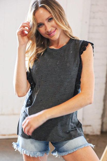Distressed Sleeveless Top-Sleeveless-Evelyns Fashion