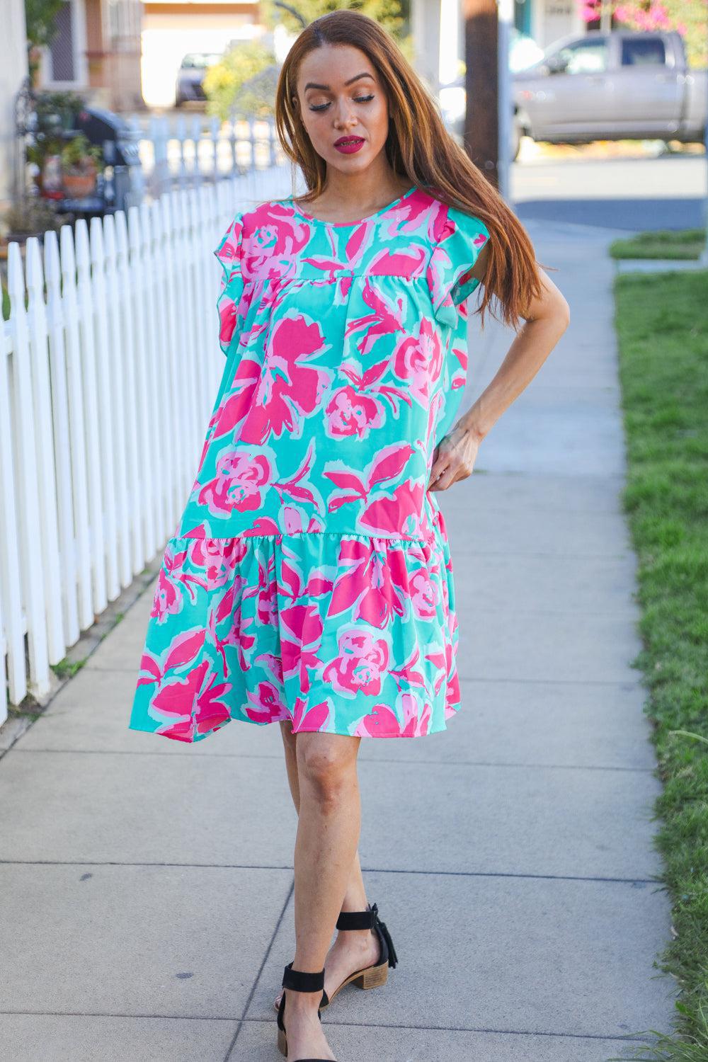 Diva Dreaming Aqua Floral Print Tiered Ruffle Sleeve Dress-2024 Summer Blow Out Sale-Evelyns Fashion