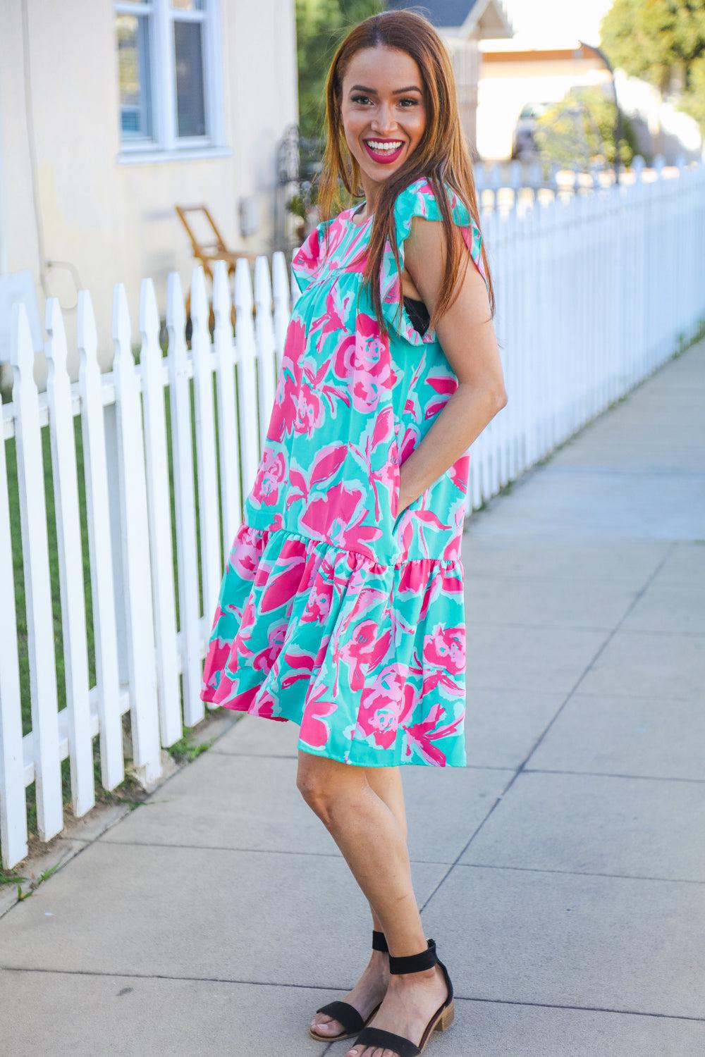 Diva Dreaming Aqua Floral Print Tiered Ruffle Sleeve Dress-2024 Summer Blow Out Sale-Evelyns Fashion