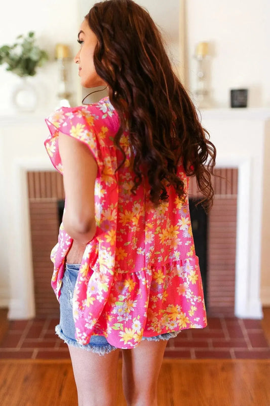Diva Pink Floral Yoke Flutter Sleeve Keyhole Back Top-2024 Blow-Out Sale-Evelyns Fashion