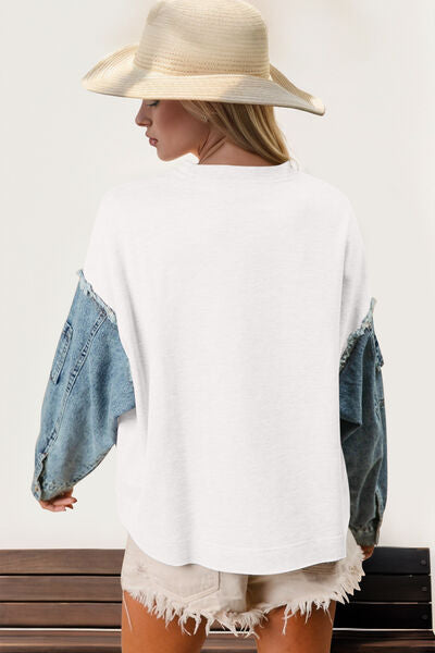 Double Take Raw Edge Star Contrast Sweatshirt – Trendy & Cozy Pullover-Evelyns Fashion