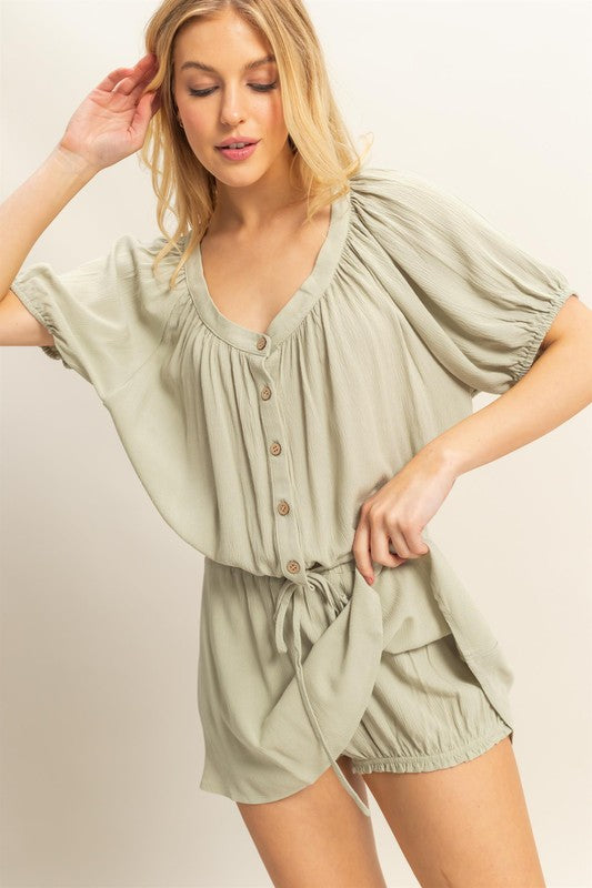 Drawstring Hem Short Sleeve Top & Skort Set-Short Sleeve Blouse-Evelyns Fashion