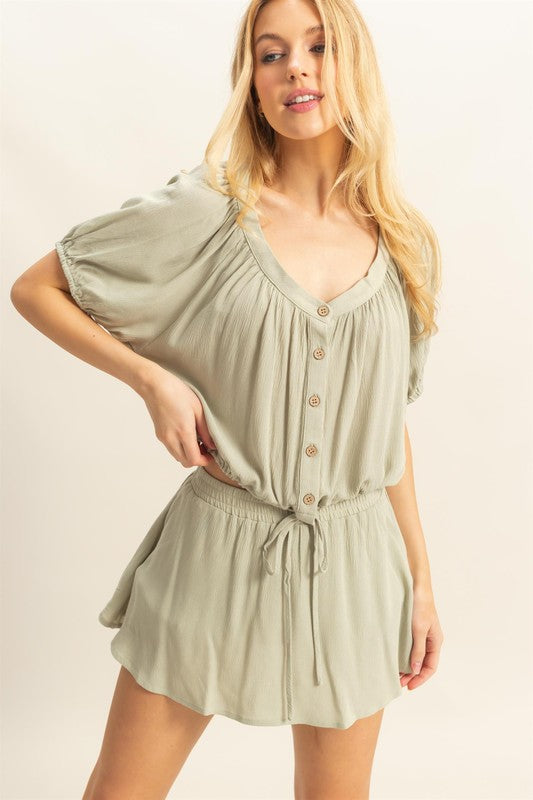 Drawstring Hem Short Sleeve Top & Skort Set-Short Sleeve Blouse-Evelyns Fashion