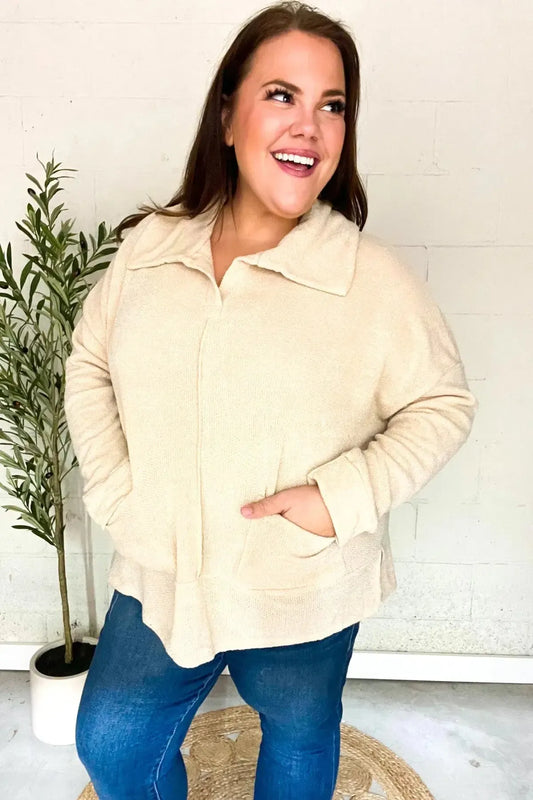 Easy Living Oatmeal Textured Knit Notch Neck Oversized Collar Sweater-2024 Blow-Out Sale-Evelyns Fashion