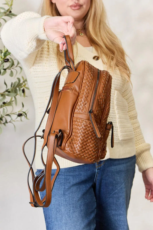 Eco-Friendly Elegance: PU Leather Woven Backpack-handbags-Evelyns Fashion