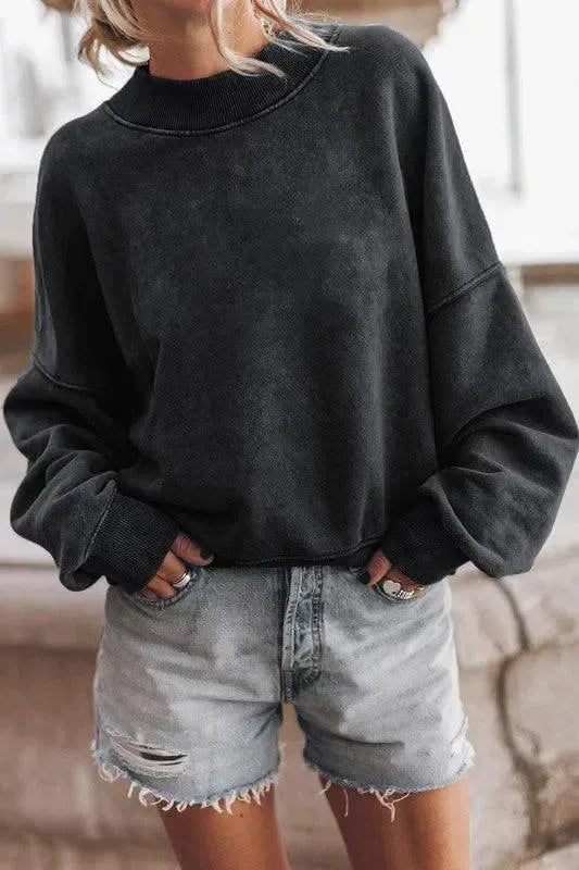 Edgy Comfort: Mineral Washed Acid Dye Sweatshirt Pullover-Apparel & Accessories-Evelyns Fashion