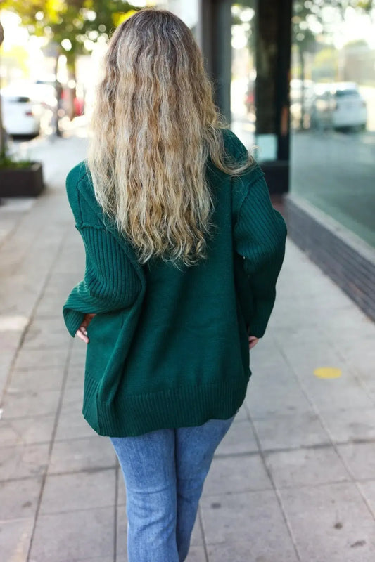 Effortless Comfort: Hunter Green Rib Knit Oversized V-Neck Sweater-2024 Blow-Out Sale-Evelyns Fashion
