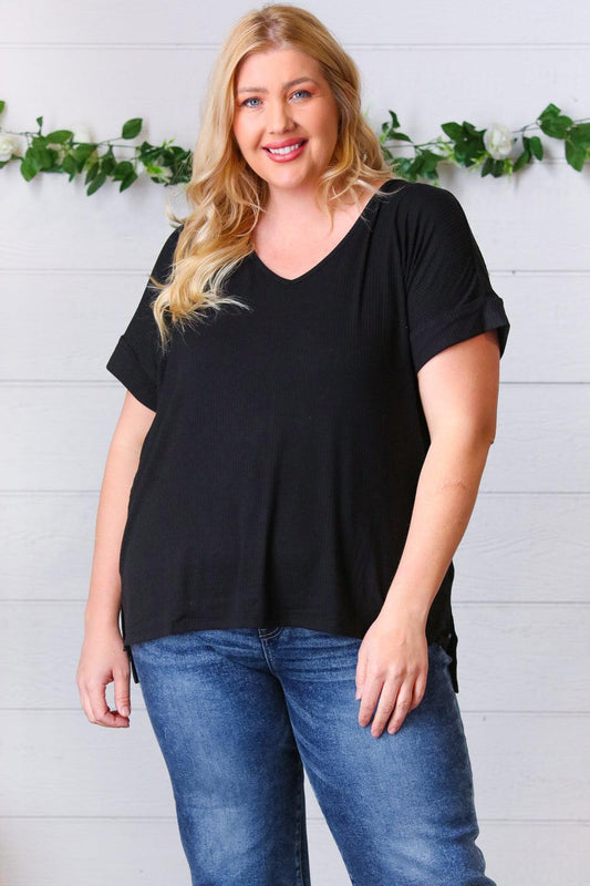 Effortless Style: Black Ribbed V Neck Top-Short Sleeve Blouse-Evelyns Fashion
