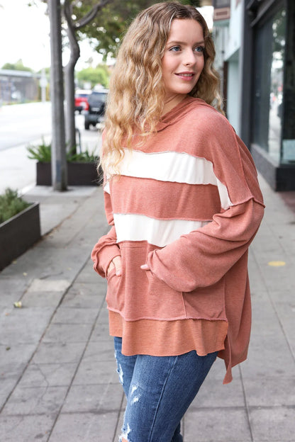 Effortless Style: French Terry Hoodie in Rust & Stripe Design-Evelyns Fashion