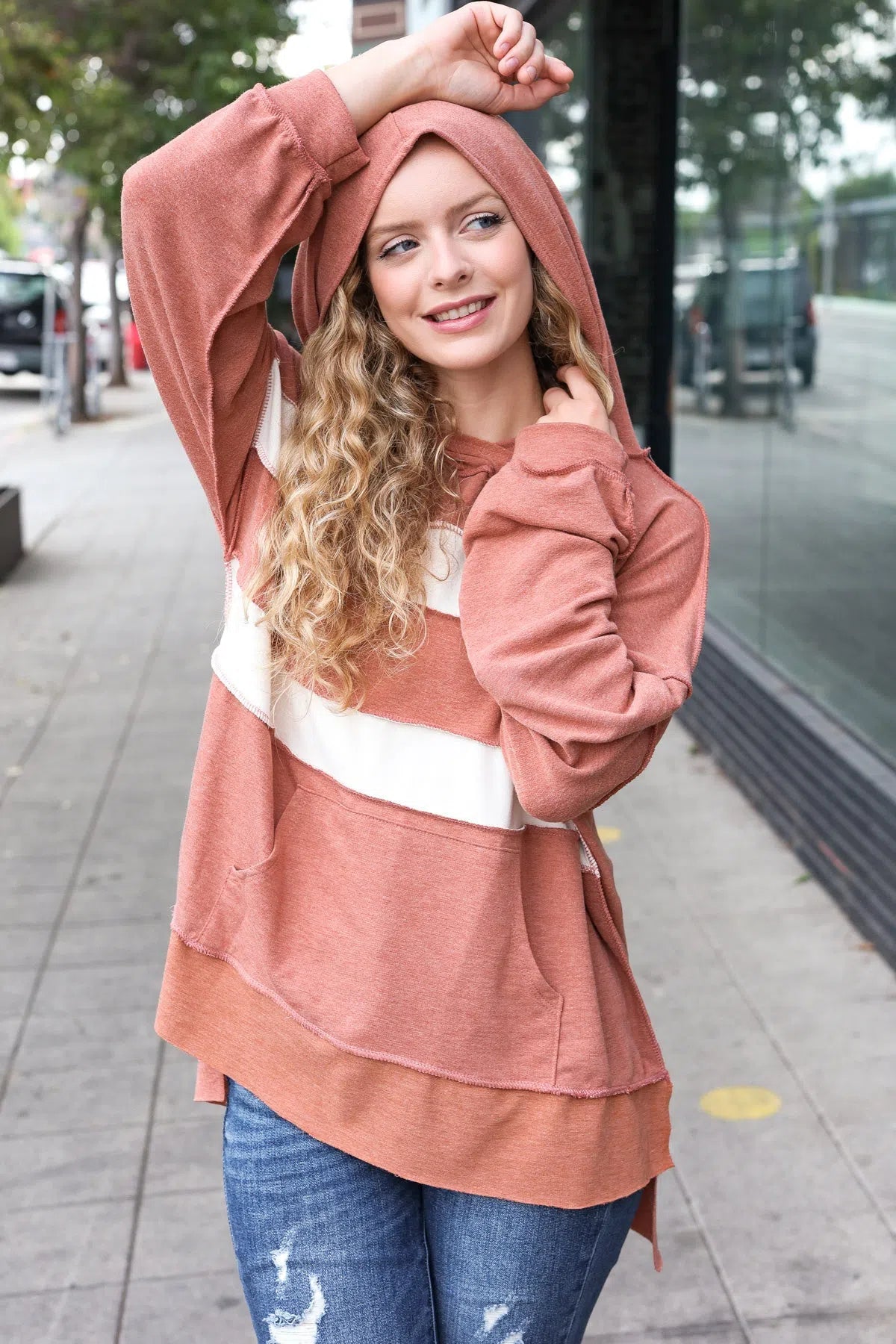 Effortless Style: French Terry Hoodie in Rust & Stripe Design-Evelyns Fashion
