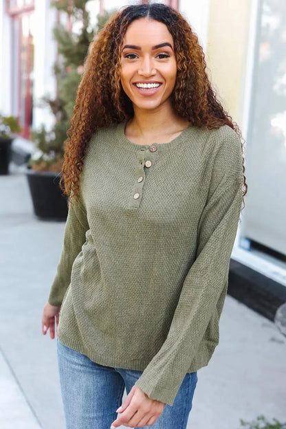 Effortless Style: Moss Green Button-Down Ribbed Sweater-2024 Blow-Out Sale-Evelyns Fashion