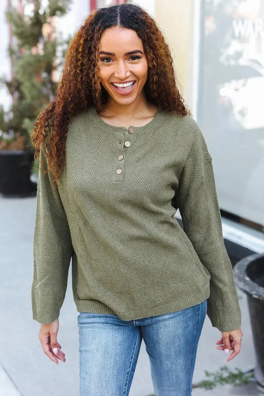 Effortless Style: Moss Green Button-Down Ribbed Sweater-2024 Blow-Out Sale-Evelyns Fashion