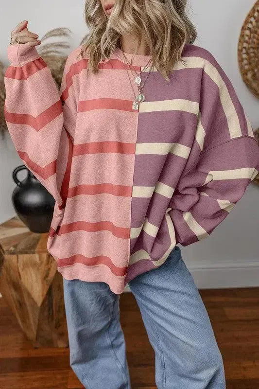 Effortless Style: Oversized Contrast Printed Dropped Shoulder Top-long sleeve-Evelyns Fashion