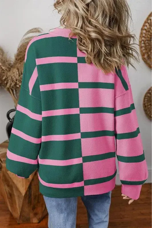 Effortless Style: Oversized Contrast Printed Dropped Shoulder Top-long sleeve-Evelyns Fashion