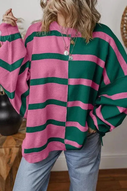 Effortless Style: Oversized Contrast Printed Dropped Shoulder Top-long sleeve-Evelyns Fashion