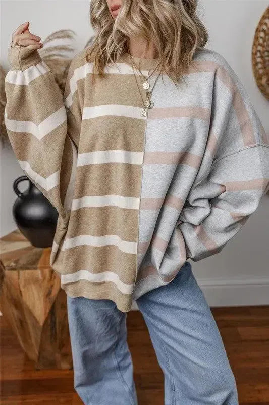 Effortless Style: Oversized Contrast Printed Dropped Shoulder Top-long sleeve-Evelyns Fashion