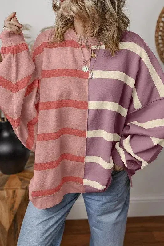 Effortless Style: Oversized Contrast Printed Dropped Shoulder Top-long sleeve-Evelyns Fashion