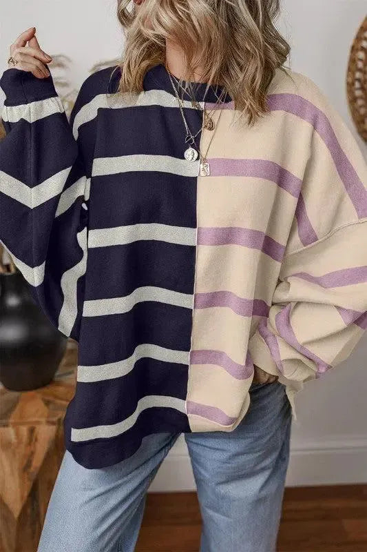 Effortless Style: Oversized Contrast Printed Dropped Shoulder Top-long sleeve-Evelyns Fashion