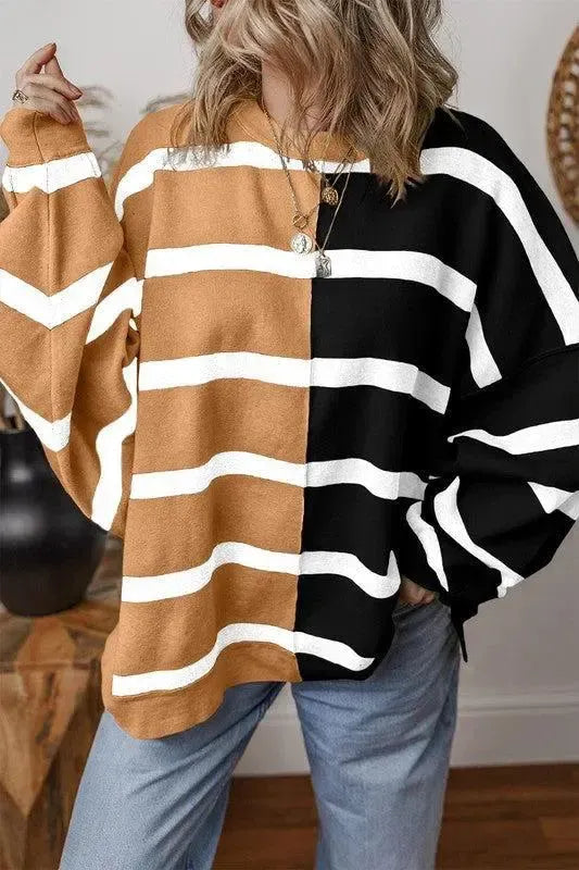Effortless Style: Oversized Contrast Printed Dropped Shoulder Top-long sleeve-Evelyns Fashion