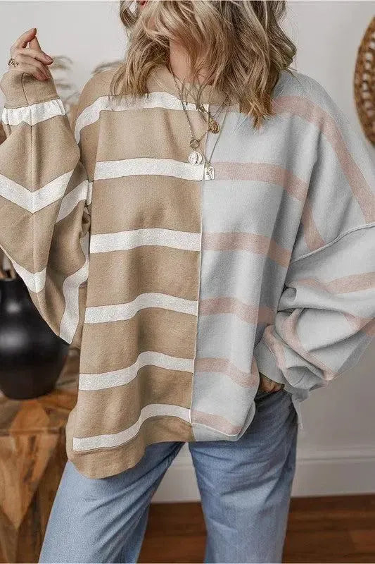 Effortless Style: Oversized Contrast Printed Dropped Shoulder Top-long sleeve-Evelyns Fashion
