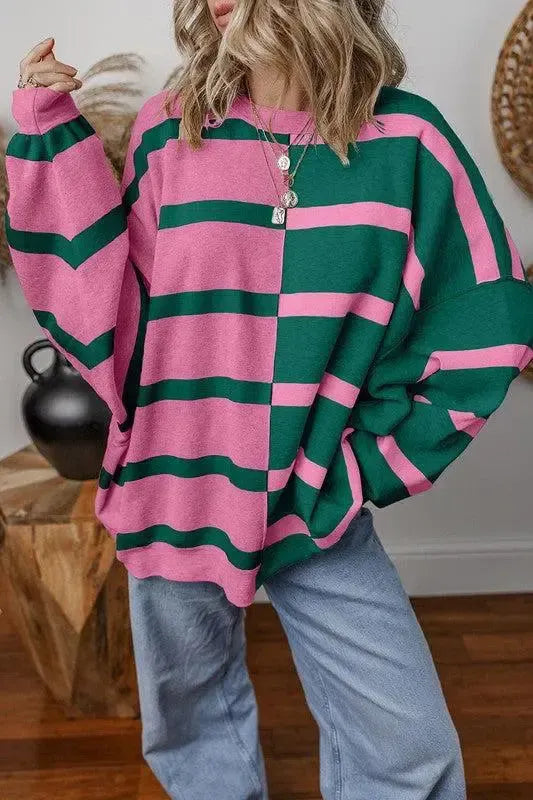 Effortless Style: Oversized Contrast Printed Dropped Shoulder Top-long sleeve-Evelyns Fashion