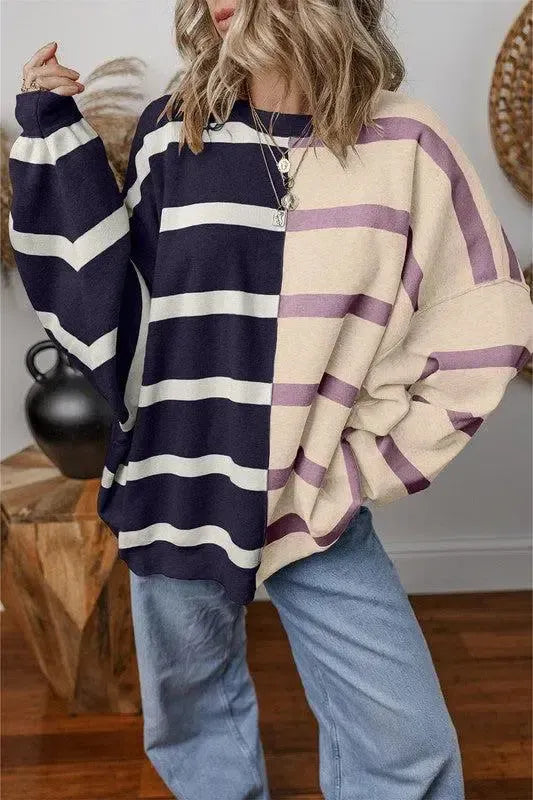 Effortless Style: Oversized Contrast Printed Dropped Shoulder Top-long sleeve-Evelyns Fashion