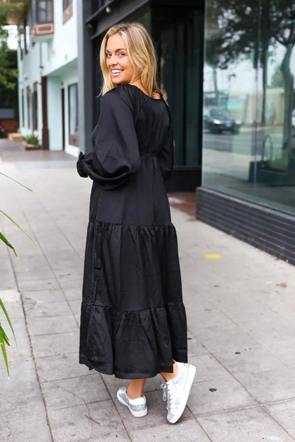 Elegant Black Elastic V Neck Tiered Satin Maxi Dress-2024 Blow-Out Sale-Evelyns Fashion