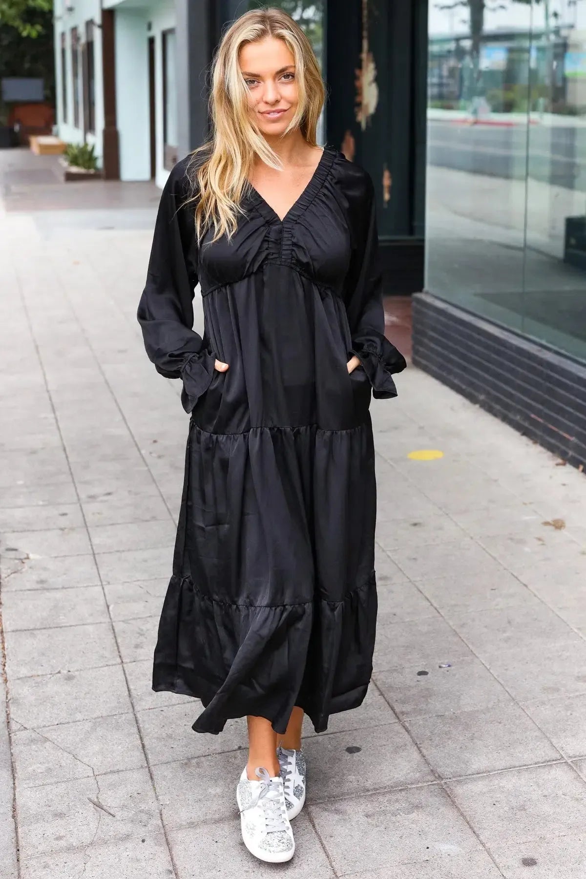 Elegant Black Elastic V Neck Tiered Satin Maxi Dress-2024 Blow-Out Sale-Evelyns Fashion
