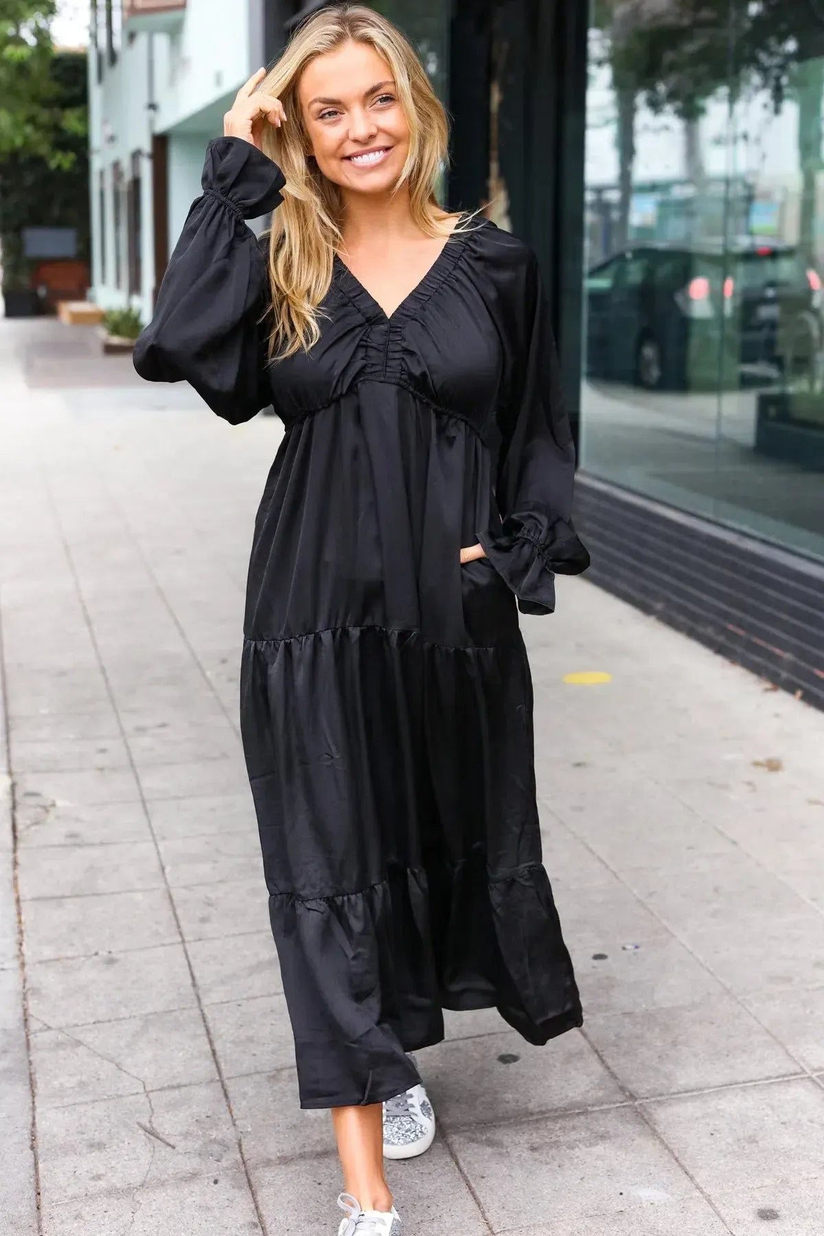 Elegant Black Elastic V Neck Tiered Satin Maxi Dress-2024 Blow-Out Sale-Evelyns Fashion