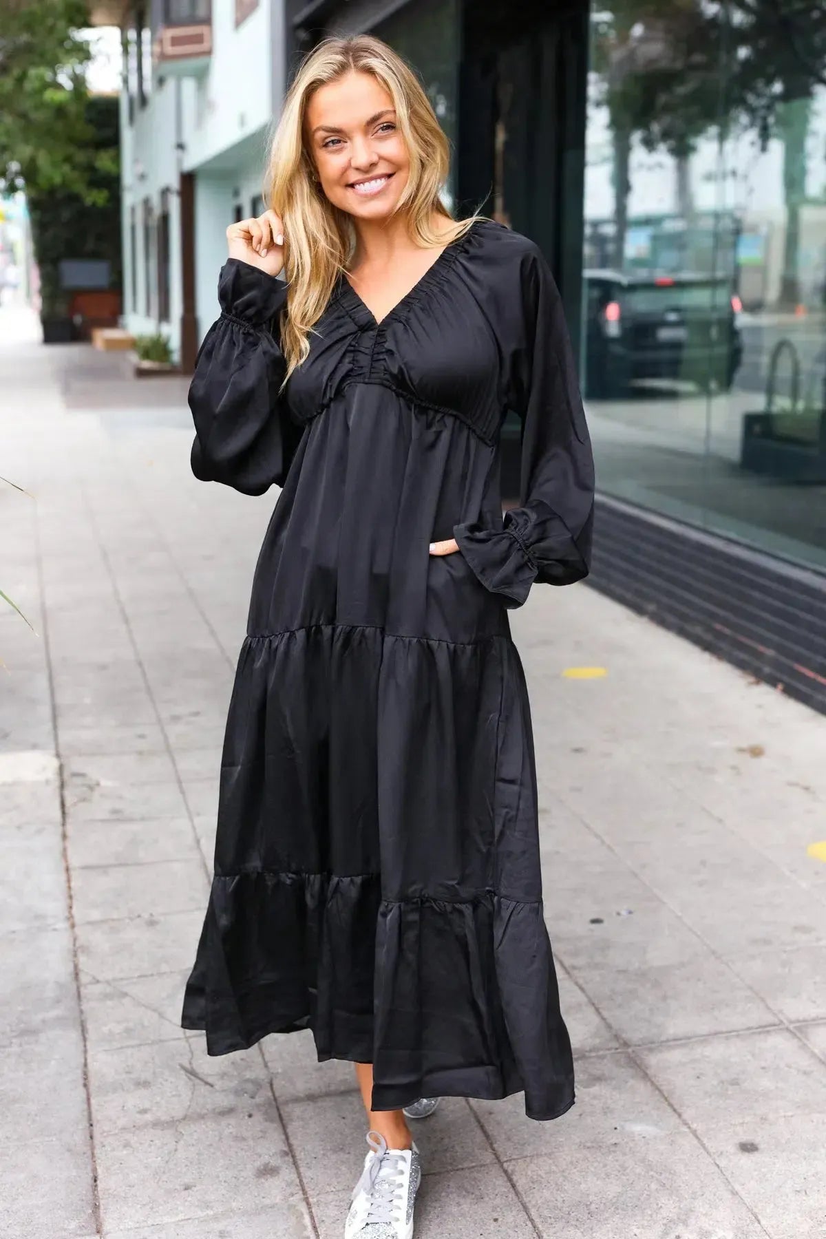 Elegant Black Elastic V Neck Tiered Satin Maxi Dress-2024 Blow-Out Sale-Evelyns Fashion