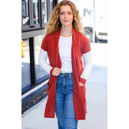 Elegant Comfort: Rust Lace Sleeve Cardigan for Any Occasion-2024 Blow-Out Sale-Evelyns Fashion