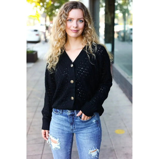 Elegant Simplicity: Follow Me Black Pointelle Cardigan-2024 Blow-Out Sale-Evelyns Fashion